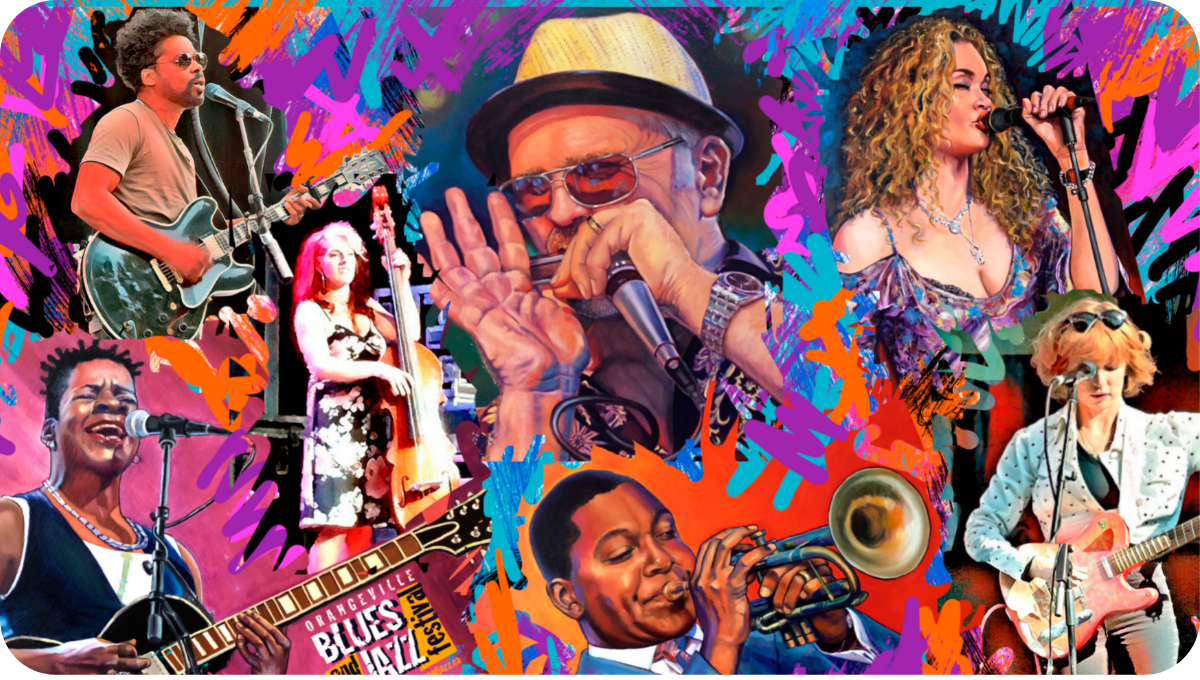 Collage of musicians with bright accents